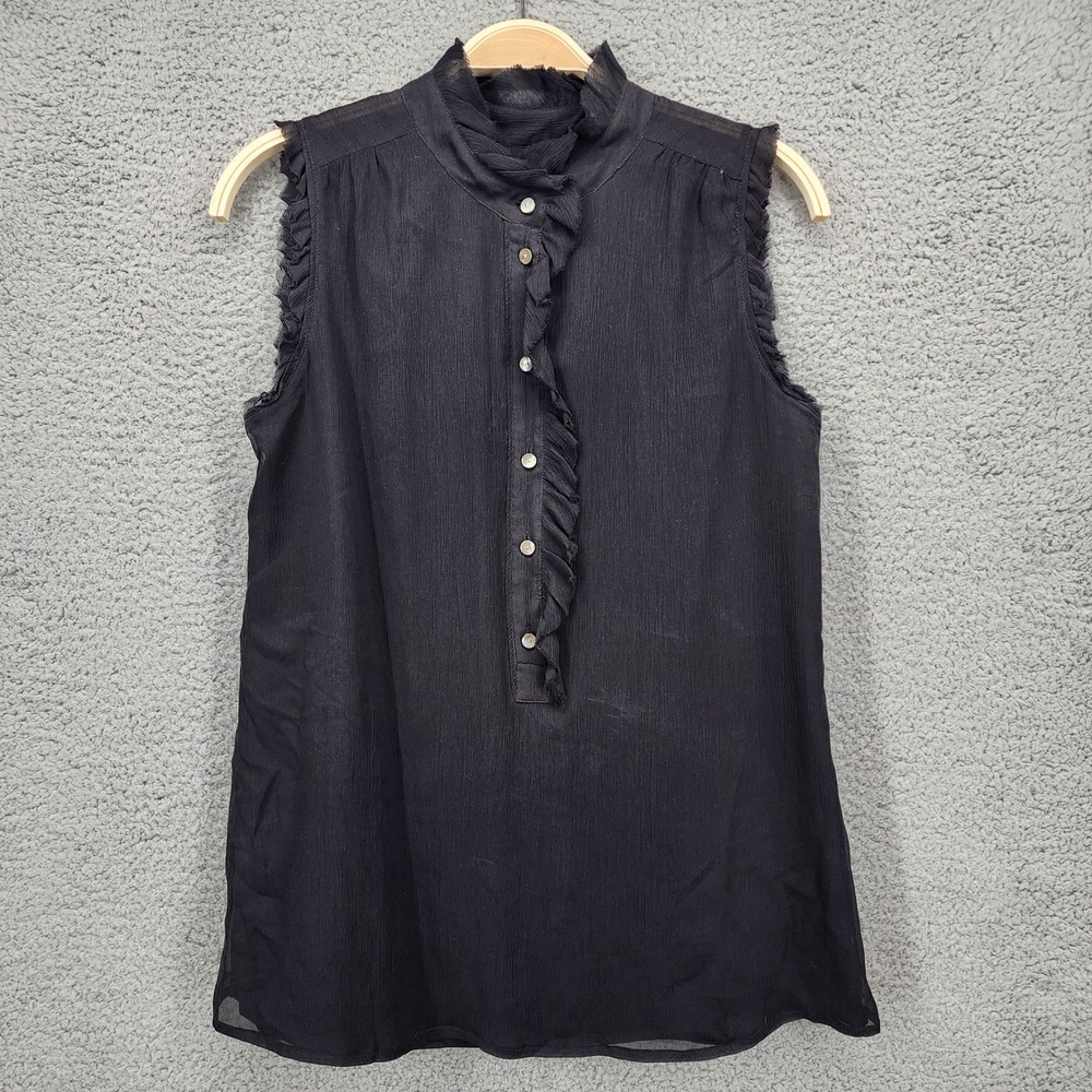 J. Crew Black 100% Silk Ruffle Mock Neck‎ Sleeveless Blouse Top Size 2